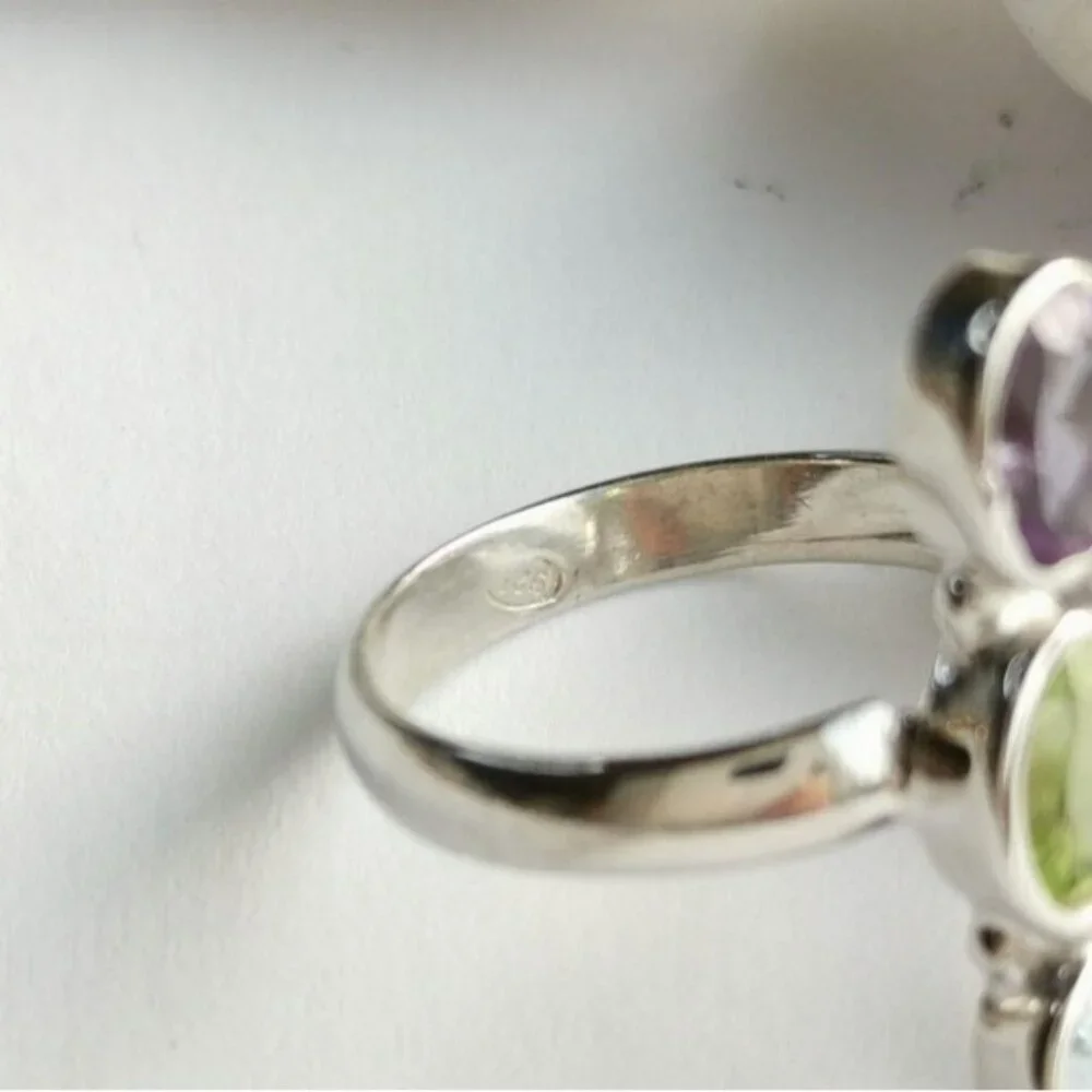 Modernist Sterling Silver Peridot Amethyst Topaz Gemstone Ring